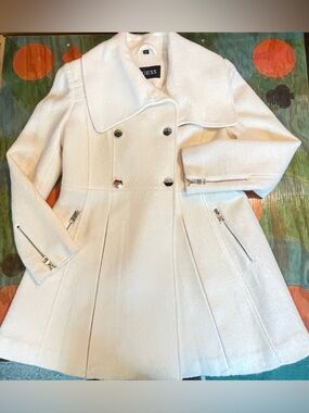 Guess Womens Double Breasted Pea Coat Wool Blend Mid Length Heavyweight Large